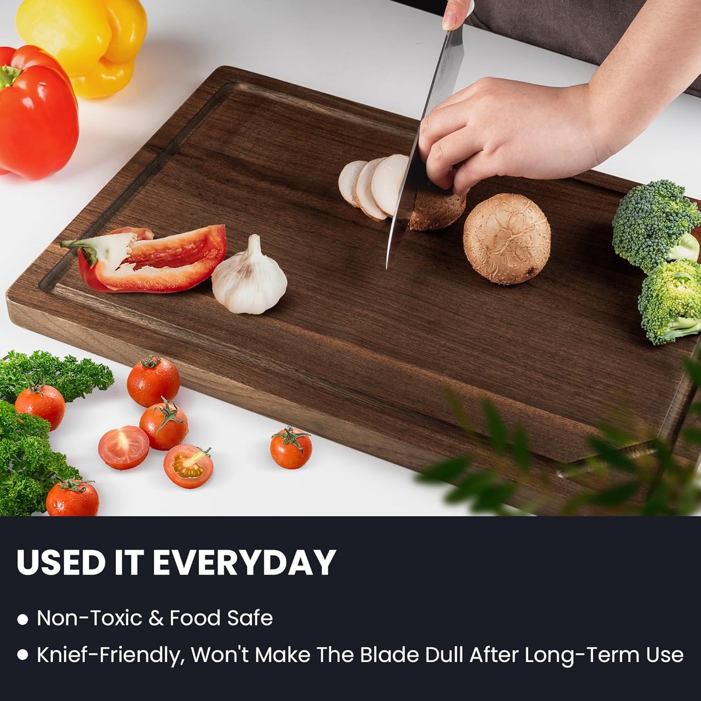 Walnut Wood Cutting Board for Kitchen with Deep Juice Groove & Side Handles, 17”L x 11”W x 0.8”H, Handcrafted North American Black Walnut Wood Grain, Medium Chopping Board, Reversible Butcher Block