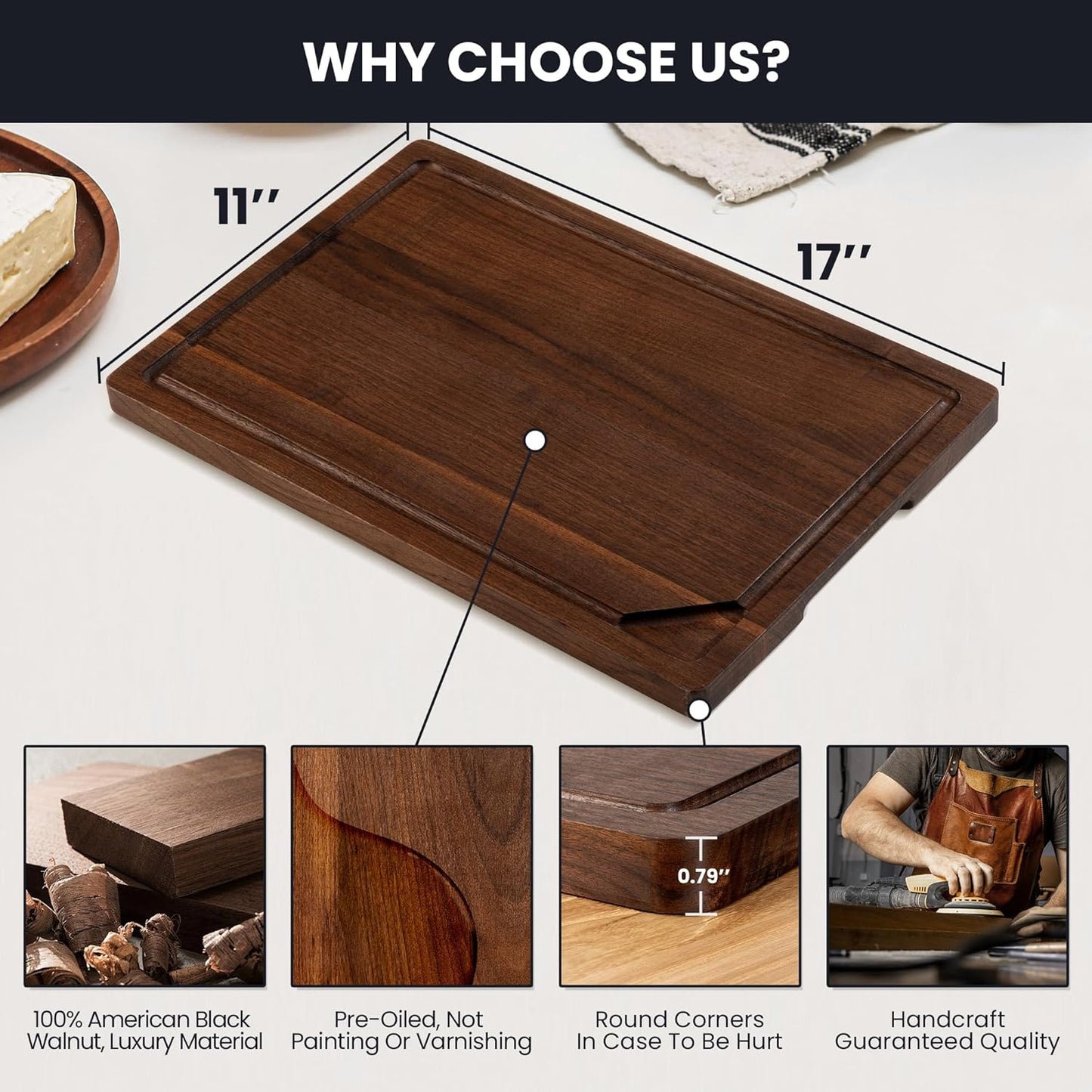 Walnut Wood Cutting Board for Kitchen with Deep Juice Groove & Side Handles, 17”L x 11”W x 0.8”H, Handcrafted North American Black Walnut Wood Grain, Medium Chopping Board, Reversible Butcher Block