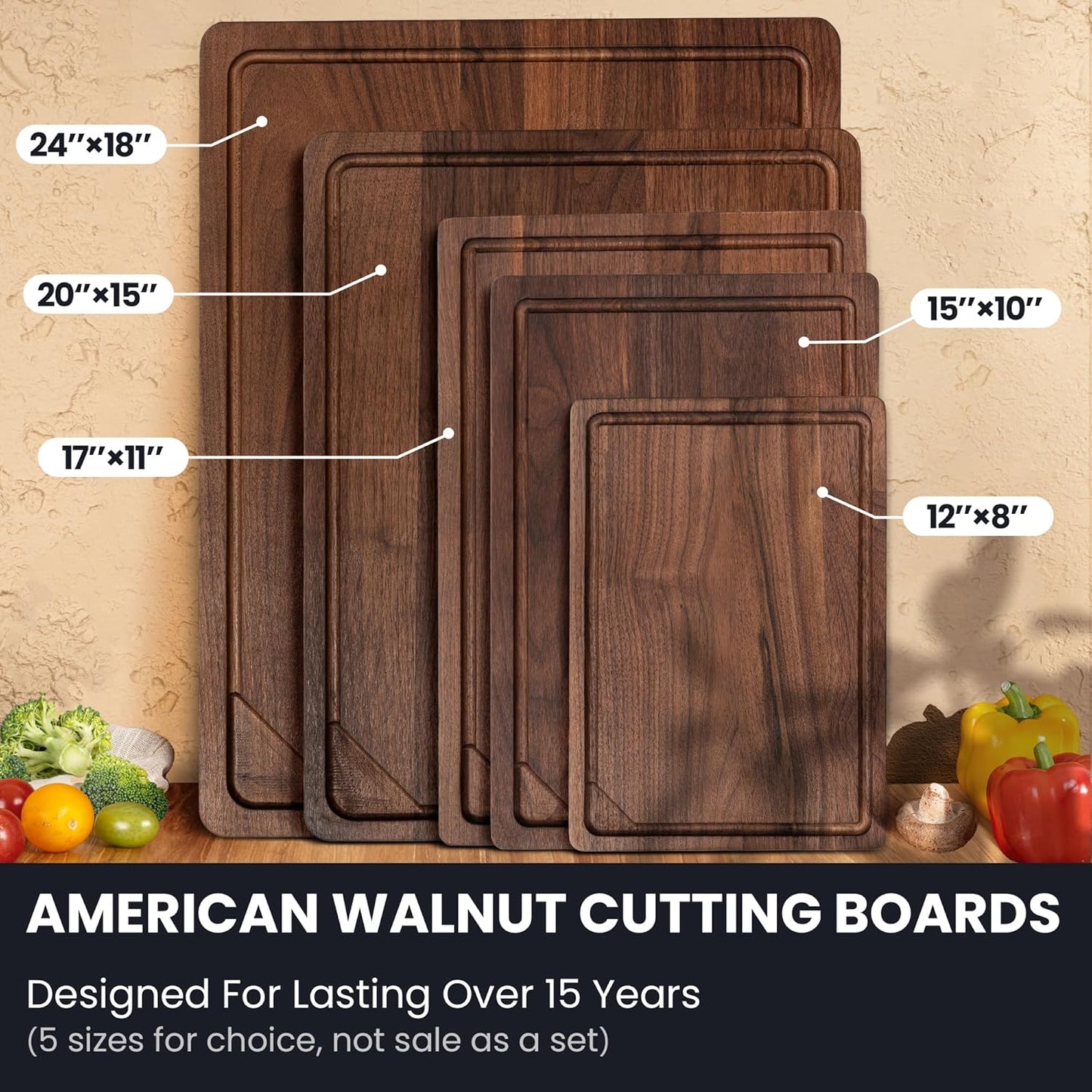Walnut Wood Cutting Board for Kitchen with Deep Juice Groove & Side Handles, 17”L x 11”W x 0.8”H, Handcrafted North American Black Walnut Wood Grain, Medium Chopping Board, Reversible Butcher Block