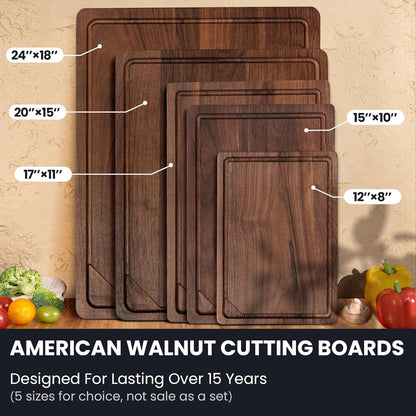 Walnut Wood Cutting Board for Kitchen with Deep Juice Groove & Side Handles, 17”L x 11”W x 0.8”H, Handcrafted North American Black Walnut Wood Grain, Medium Chopping Board, Reversible Butcher Block