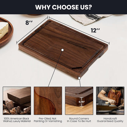 Walnut Wood Cutting Board for Kitchen with Deep Juice Groove & Side Handles, 17”L x 11”W x 0.8”H, Handcrafted North American Black Walnut Wood Grain, Medium Chopping Board, Reversible Butcher Block