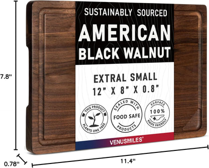 Walnut Wood Cutting Board for Kitchen with Deep Juice Groove & Side Handles, 17”L x 11”W x 0.8”H, Handcrafted North American Black Walnut Wood Grain, Medium Chopping Board, Reversible Butcher Block