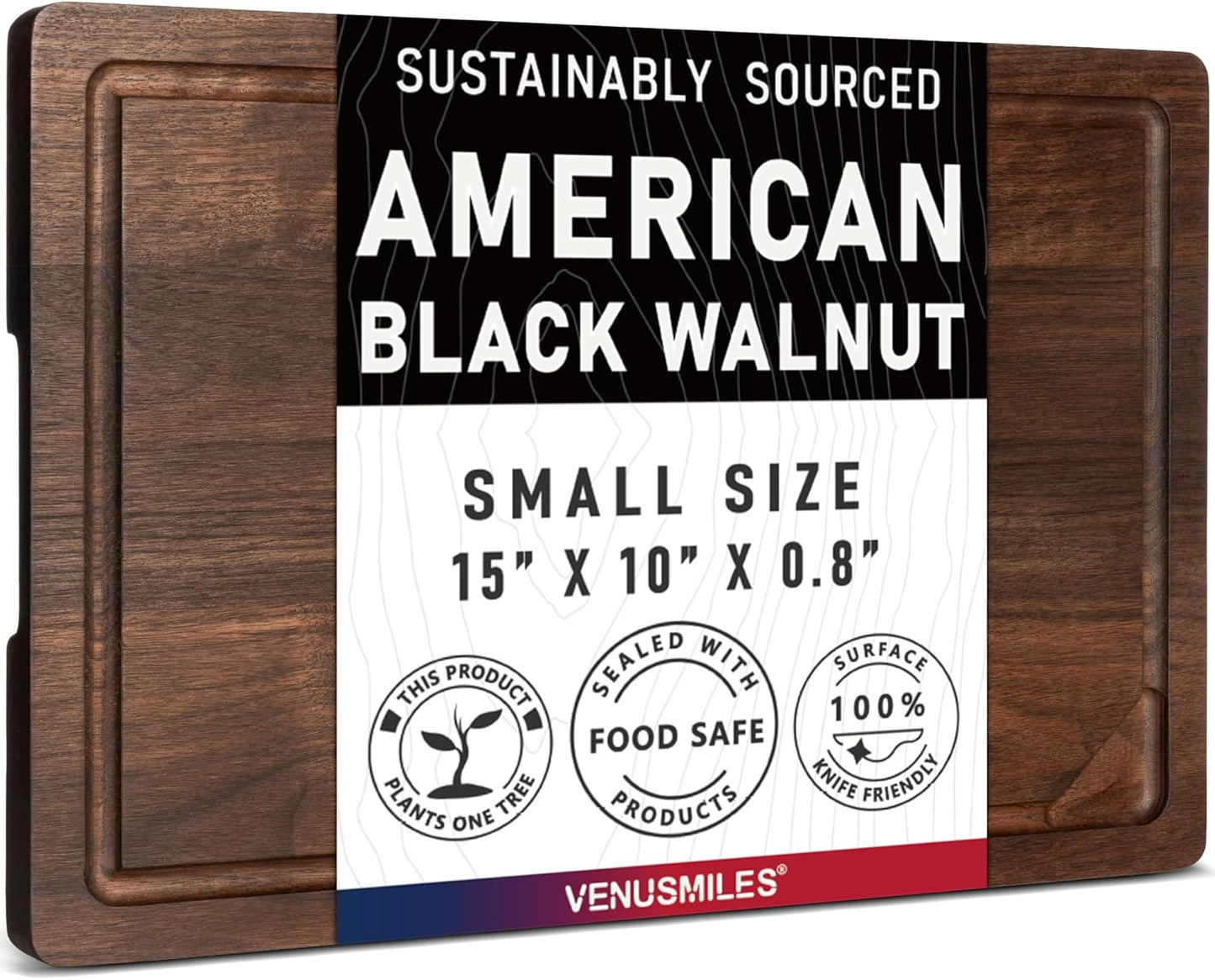 Walnut Wood Cutting Board for Kitchen with Deep Juice Groove & Side Handles, 17”L x 11”W x 0.8”H, Handcrafted North American Black Walnut Wood Grain, Medium Chopping Board, Reversible Butcher Block