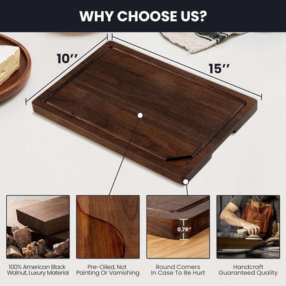 Walnut Wood Cutting Board for Kitchen with Deep Juice Groove & Side Handles, 17”L x 11”W x 0.8”H, Handcrafted North American Black Walnut Wood Grain, Medium Chopping Board, Reversible Butcher Block