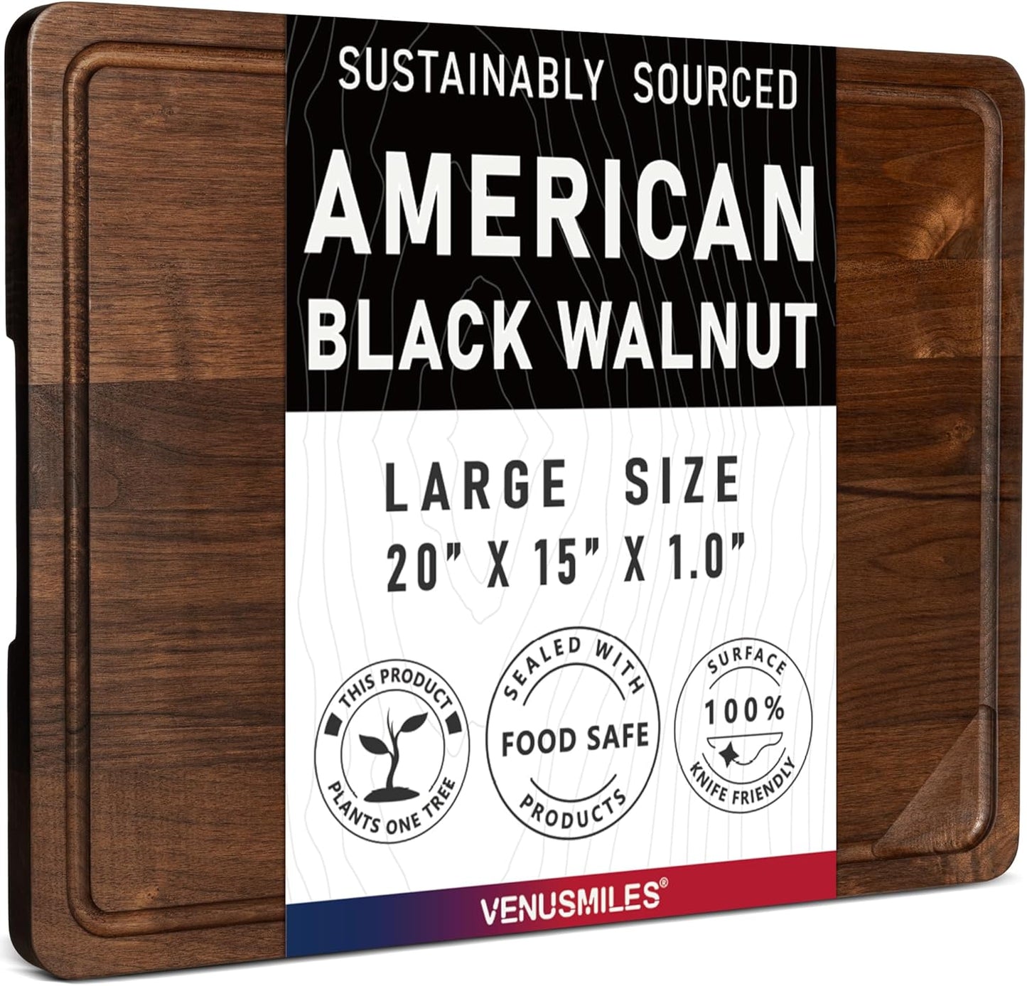 Walnut Wood Cutting Board for Kitchen with Deep Juice Groove & Side Handles, 17”L x 11”W x 0.8”H, Handcrafted North American Black Walnut Wood Grain, Medium Chopping Board, Reversible Butcher Block