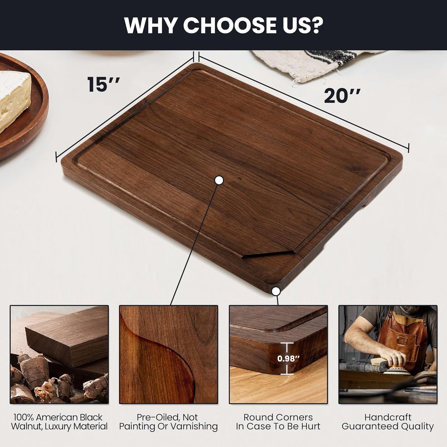 Walnut Wood Cutting Board for Kitchen with Deep Juice Groove & Side Handles, 17”L x 11”W x 0.8”H, Handcrafted North American Black Walnut Wood Grain, Medium Chopping Board, Reversible Butcher Block