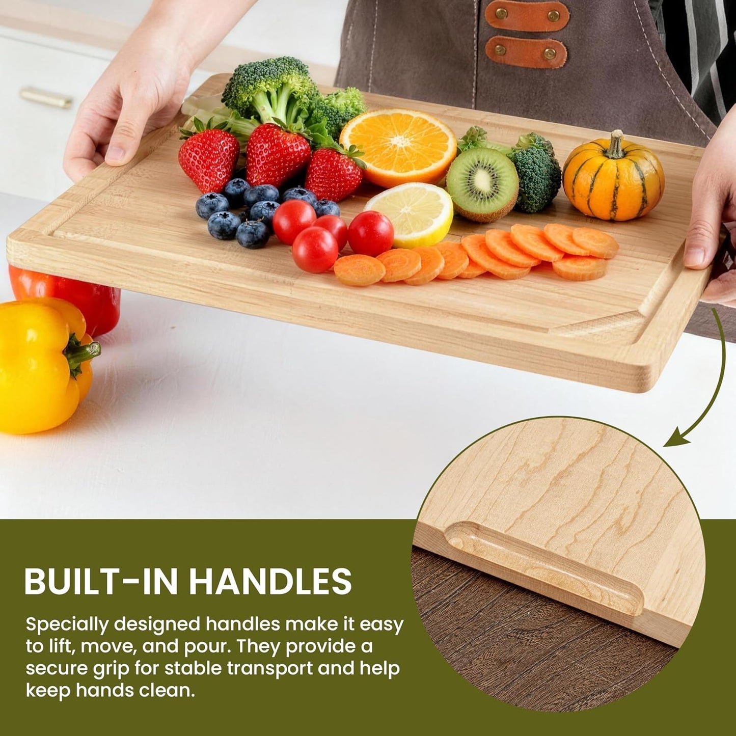 Walnut Wood Cutting Board for Kitchen with Deep Juice Groove & Side Handles, 17”L x 11”W x 0.8”H, Handcrafted North American Black Walnut Wood Grain, Medium Chopping Board, Reversible Butcher Block