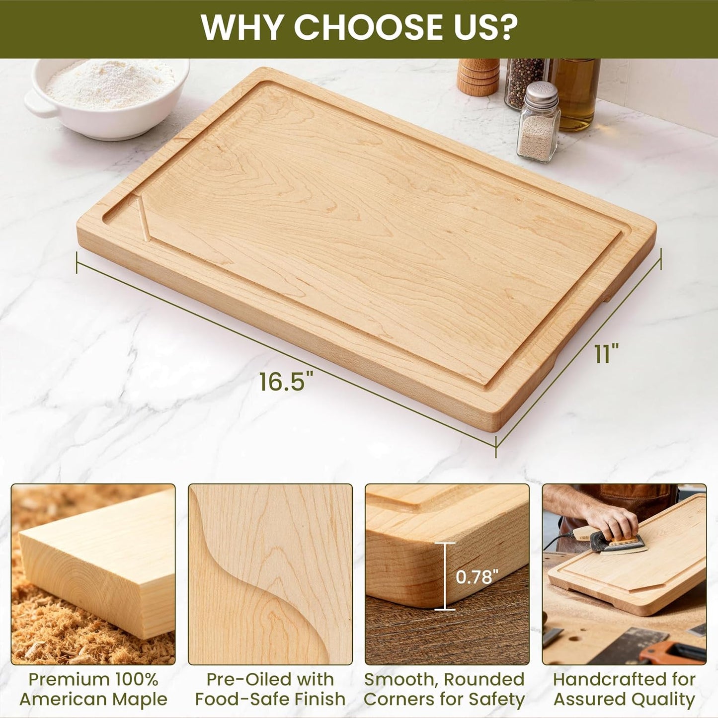 Walnut Wood Cutting Board for Kitchen with Deep Juice Groove & Side Handles, 17”L x 11”W x 0.8”H, Handcrafted North American Black Walnut Wood Grain, Medium Chopping Board, Reversible Butcher Block