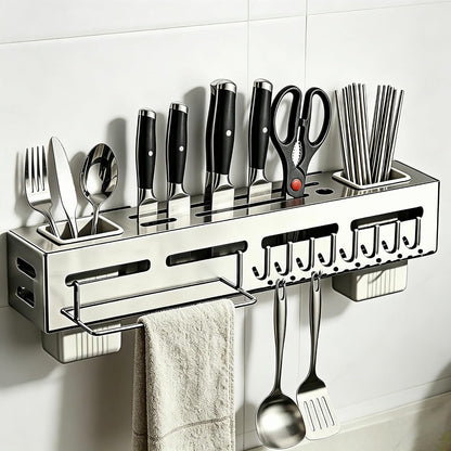 Thickened Stainless Steel Under Cabinet Knife Holder – Wall Mount Utensil Organizer with Dual Fork & Spoon Holders, Towel Bar, 8 Movable Hooks（15.74inch）