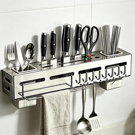 Thickened Stainless Steel Under Cabinet Knife Holder – Wall Mount Utensil Organizer with Dual Fork & Spoon Holders, Towel Bar, 8 Movable Hooks（15.74inch）