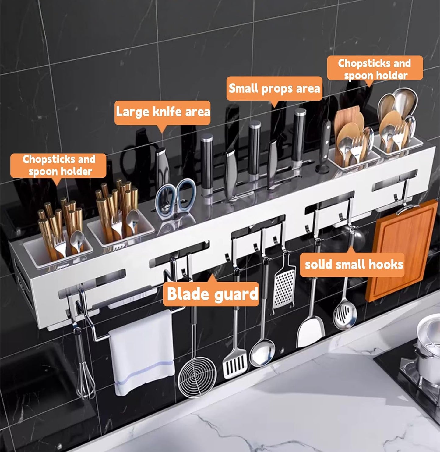 Thickened Stainless Steel Under Cabinet Knife Holder – Wall Mount Utensil Organizer with Dual Fork & Spoon Holders, Towel Bar, 8 Movable Hooks（15.74inch）