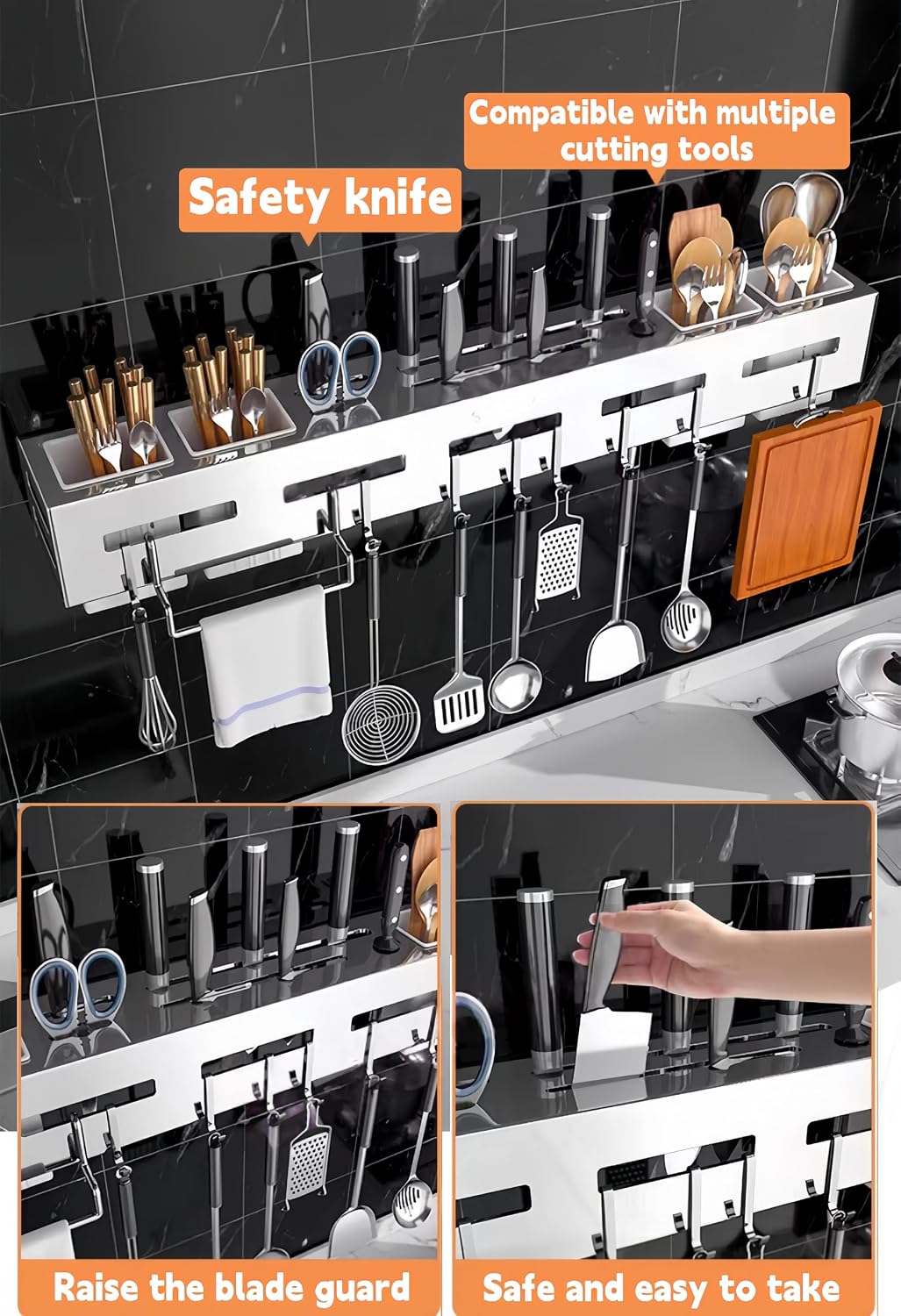 Thickened Stainless Steel Under Cabinet Knife Holder – Wall Mount Utensil Organizer with Dual Fork & Spoon Holders, Towel Bar, 8 Movable Hooks（15.74inch）
