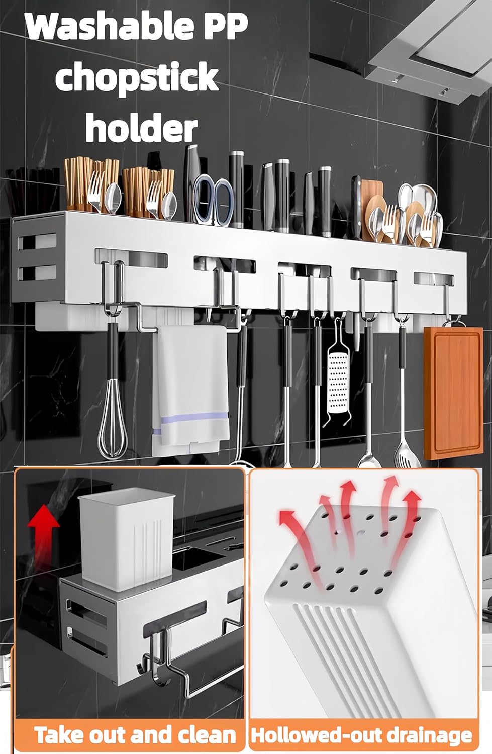 Thickened Stainless Steel Under Cabinet Knife Holder – Wall Mount Utensil Organizer with Dual Fork & Spoon Holders, Towel Bar, 8 Movable Hooks（15.74inch）