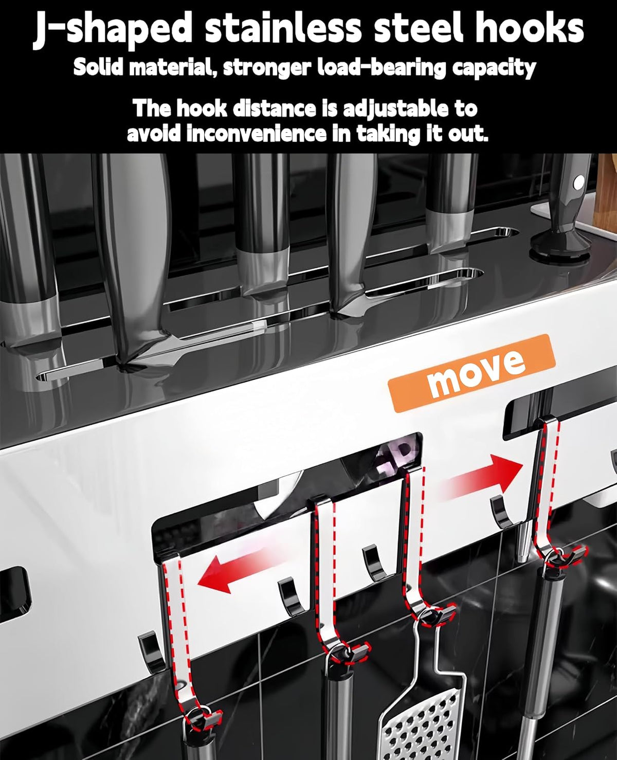 Thickened Stainless Steel Under Cabinet Knife Holder – Wall Mount Utensil Organizer with Dual Fork & Spoon Holders, Towel Bar, 8 Movable Hooks（15.74inch）