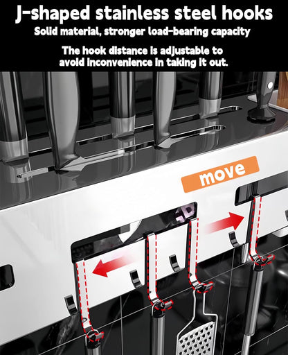 Thickened Stainless Steel Under Cabinet Knife Holder – Wall Mount Utensil Organizer with Dual Fork & Spoon Holders, Towel Bar, 8 Movable Hooks（15.74inch）