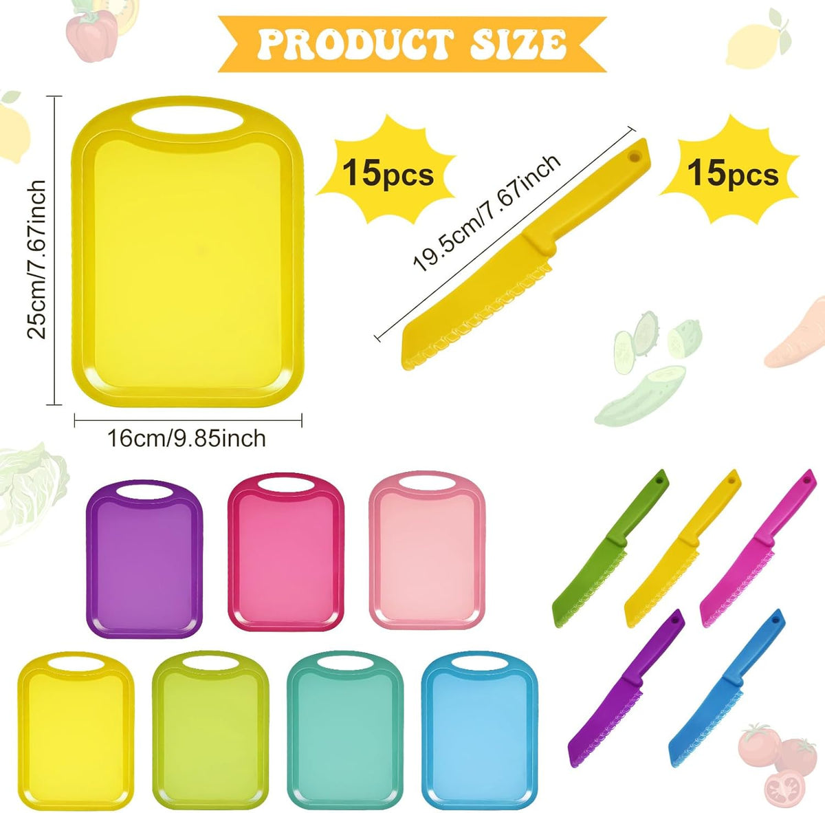 30 Pcs Plastic Cutting Board for Kids Safe Knife Cutting Knife Cooking Supplies Cooking Utensils Including15 Child Safe Knife 15 Chopping Board for Cooking Club, Preschool