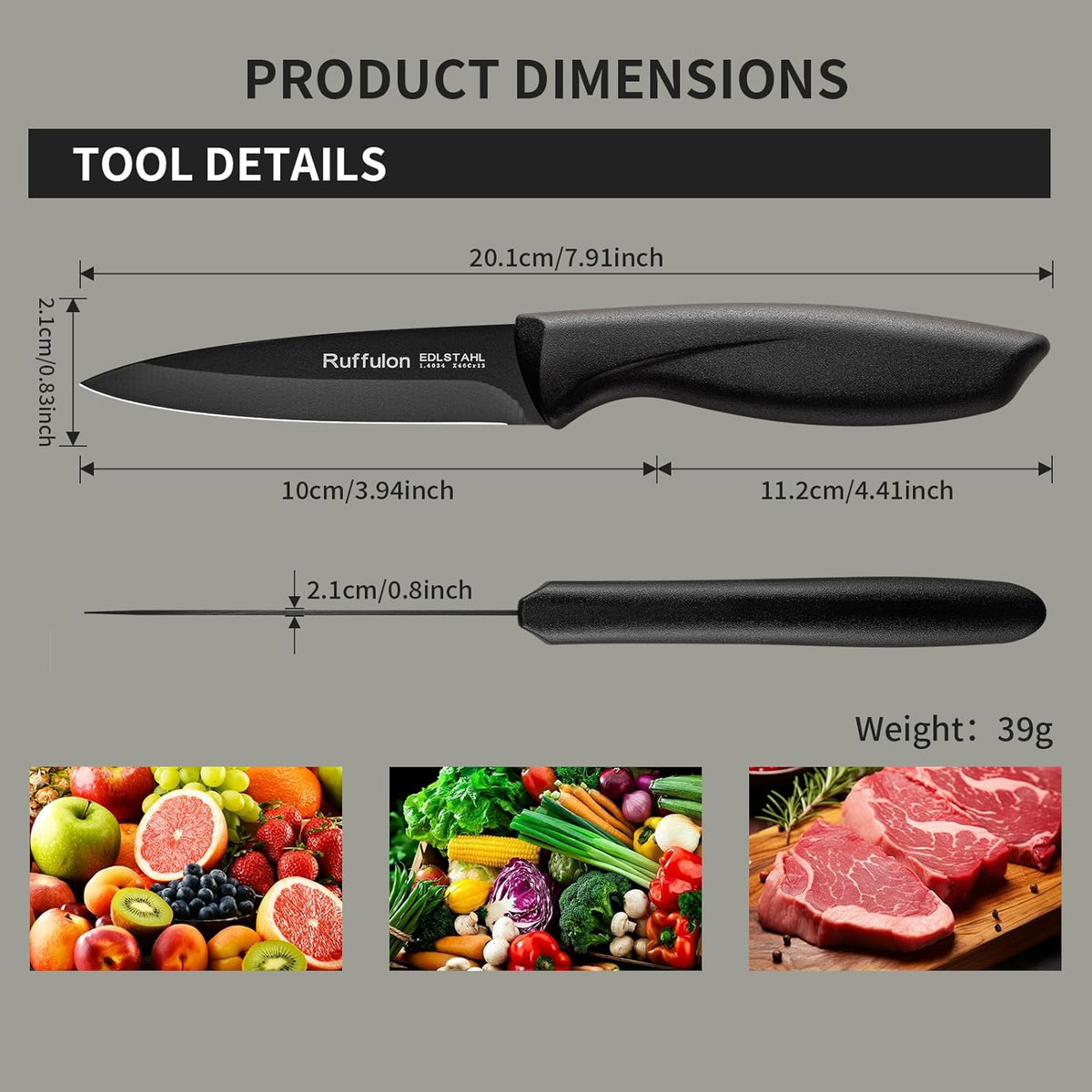 Paring Knife,4PCS,Straight Blade with Pointed Tip Design, Black
