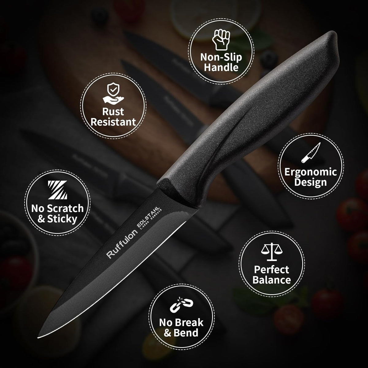 Paring Knife,4PCS,Straight Blade with Pointed Tip Design, Black