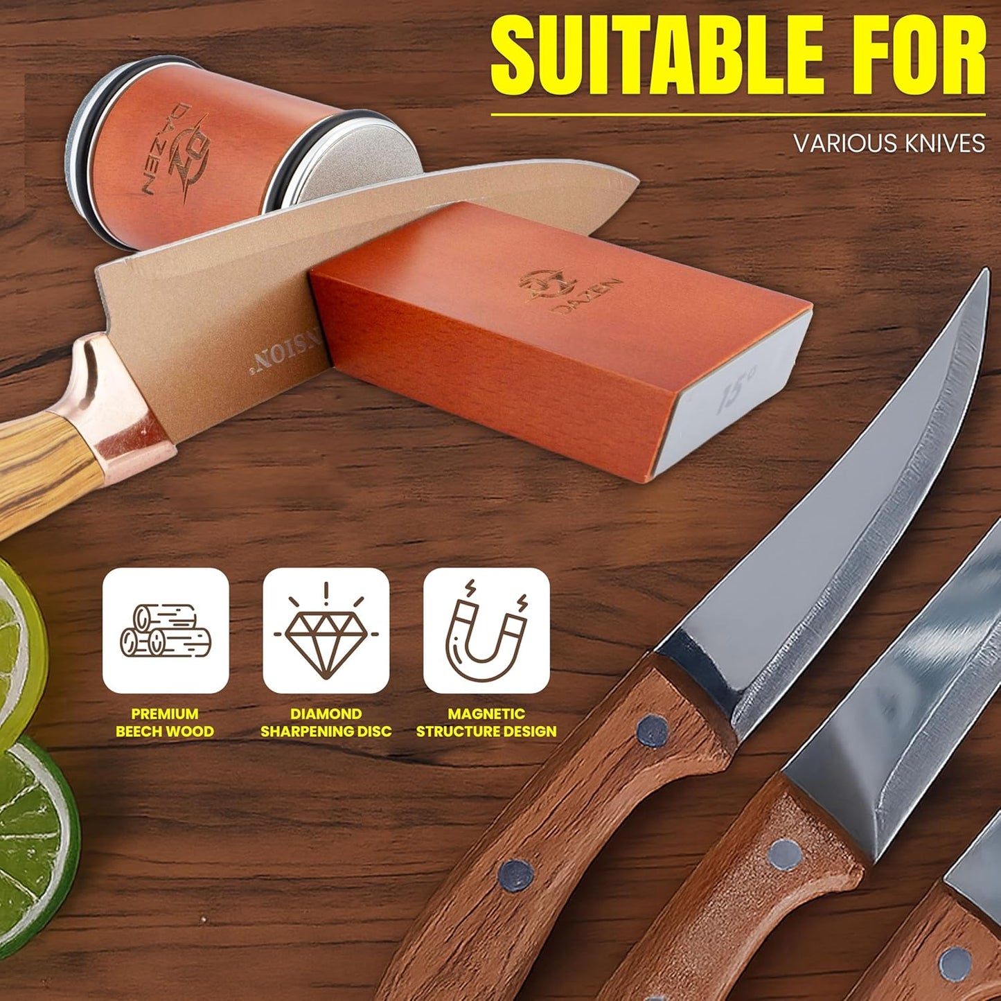 Rolling Knife Sharpener Kit – Durable Knife Sharpening System – 15° and 20° Magnetic Angle – Diamond & Ceramic Honing Discs – Elegant Gift for Chefs & Cooks – Suitable for Kitchen Knives
