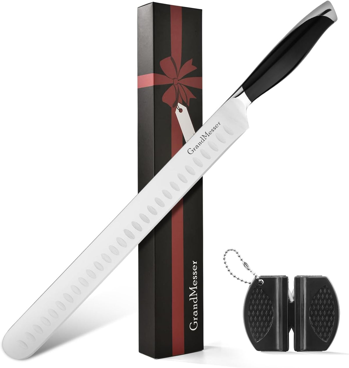 Carving Knife, 12 Inch Slicing Knife for Meat, Premium German Steel with ABS Handle, for BBQ Brisket Turkey Ham Rib Roast Beef with Sharpener.
