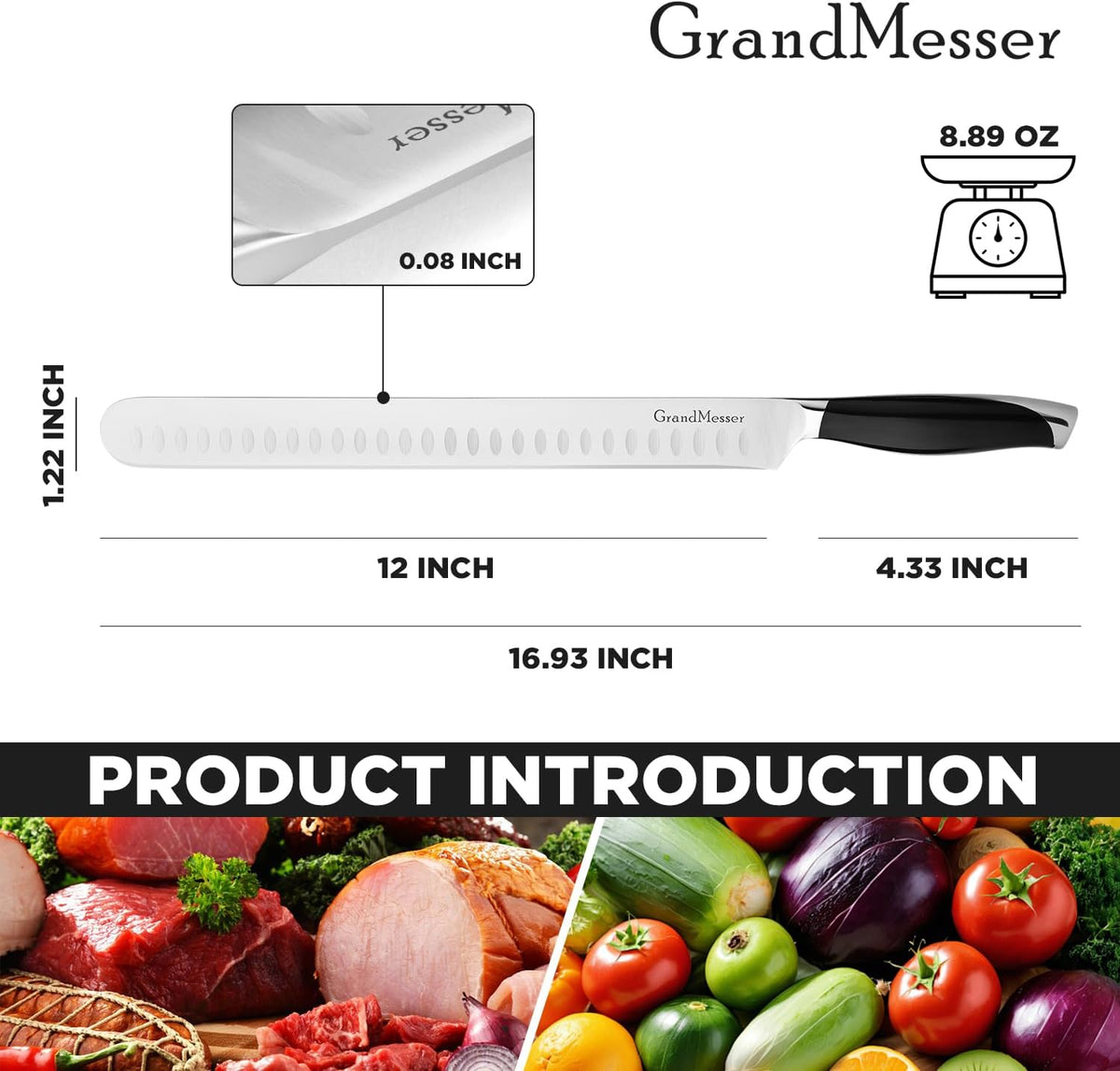 Carving Knife, 12 Inch Slicing Knife for Meat, Premium German Steel with ABS Handle, for BBQ Brisket Turkey Ham Rib Roast Beef with Sharpener.
