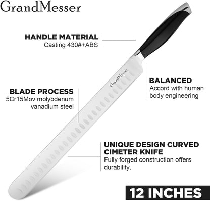 Carving Knife, 12 Inch Slicing Knife for Meat, Premium German Steel with ABS Handle, for BBQ Brisket Turkey Ham Rib Roast Beef with Sharpener.