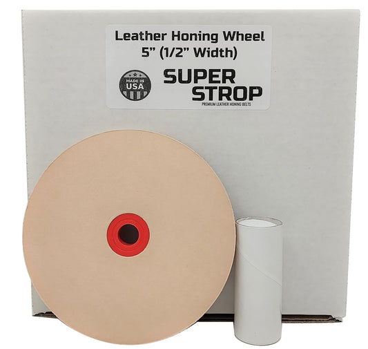 5 in Leather Honing Stropping Wheel fits 1/2", 5/8" and 3/4" Arbors Includes Premium White Buffing Compound Made in USA (1/2 in. Width)