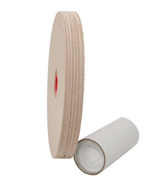 5 in Leather Honing Stropping Wheel fits 1/2", 5/8" and 3/4" Arbors Includes Premium White Buffing Compound Made in USA (1/2 in. Width)