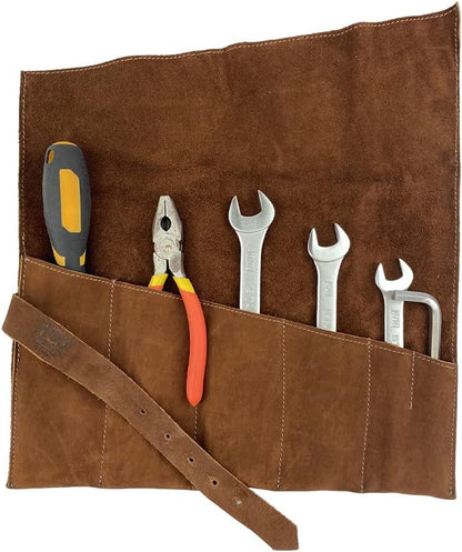 Large Tool Roll Up Bag (6 Slots), Portable Carry-On Pouch, Workshop Storage, Woodworking Tools Organizer, Full Grain Leather, Handmade, Swayze Suede