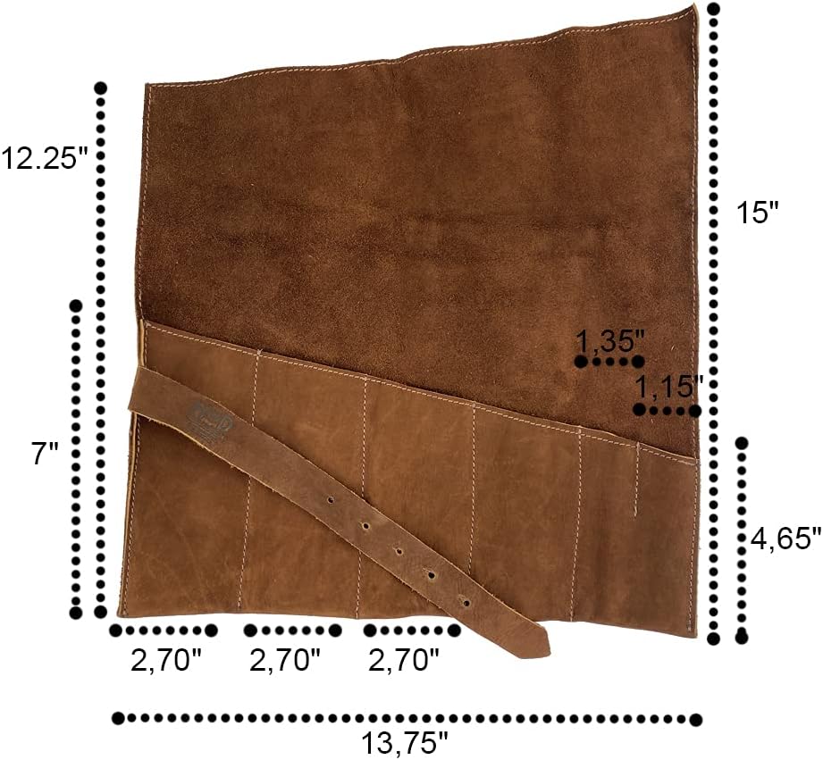 Large Tool Roll Up Bag (6 Slots), Portable Carry-On Pouch, Workshop Storage, Woodworking Tools Organizer, Full Grain Leather, Handmade, Swayze Suede