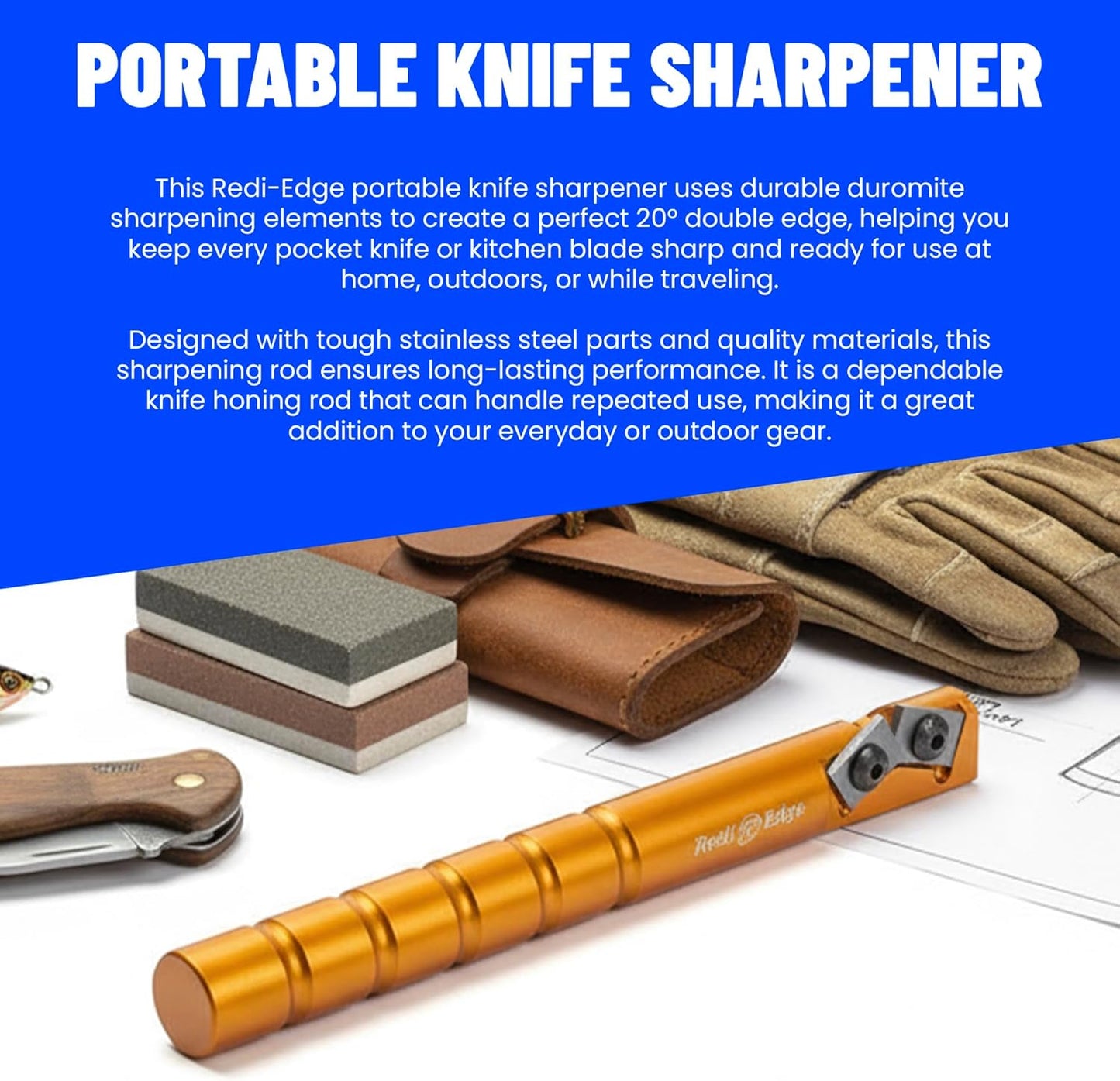 Portable Knife Sharpener - Pocket knife Sharpener with Duromite Sharpening Elements - Honing Rod with 20° Double Edge for Kitchen, Home & Hunting