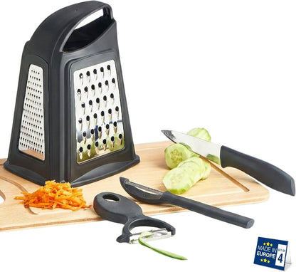 Grater, Chop and Peel Set | Handheld 3-Sided Grater with Multiple Shred Sizes, Y-Shaped Vegetable Peeler, I-Shaped Food Slicer & Spear Knife | Stainless Steel Kitchen Tools | Black, 4 Pcs