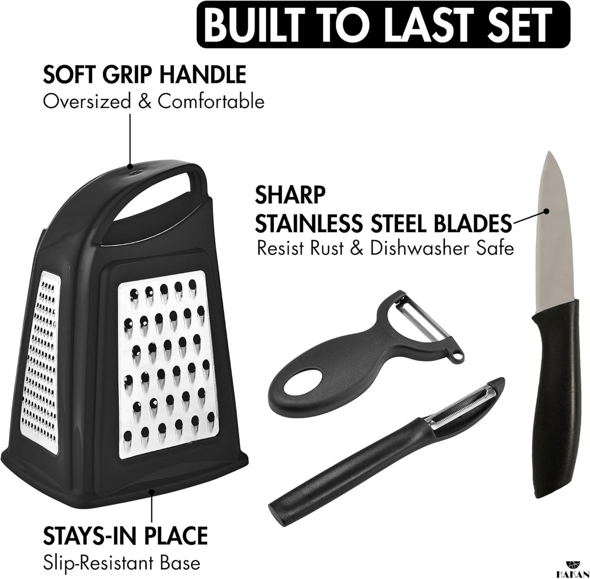 Grater, Chop and Peel Set | Handheld 3-Sided Grater with Multiple Shred Sizes, Y-Shaped Vegetable Peeler, I-Shaped Food Slicer & Spear Knife | Stainless Steel Kitchen Tools | Black, 4 Pcs