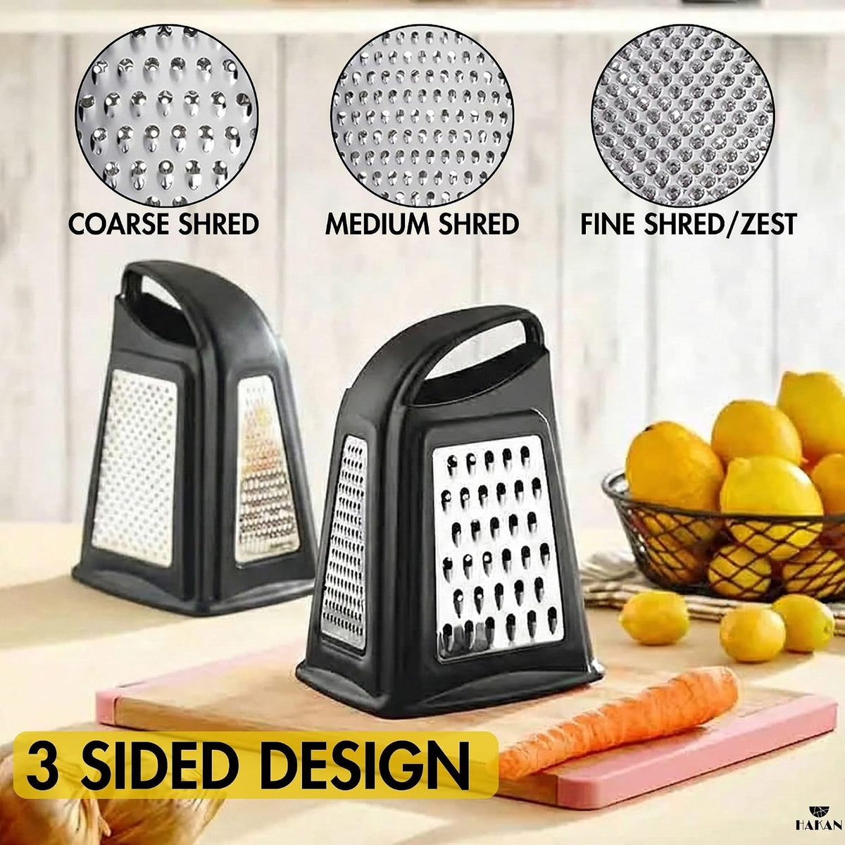 Grater, Chop and Peel Set | Handheld 3-Sided Grater with Multiple Shred Sizes, Y-Shaped Vegetable Peeler, I-Shaped Food Slicer & Spear Knife | Stainless Steel Kitchen Tools | Black, 4 Pcs