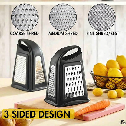 Grater, Chop and Peel Set | Handheld 3-Sided Grater with Multiple Shred Sizes, Y-Shaped Vegetable Peeler, I-Shaped Food Slicer & Spear Knife | Stainless Steel Kitchen Tools | Black, 4 Pcs