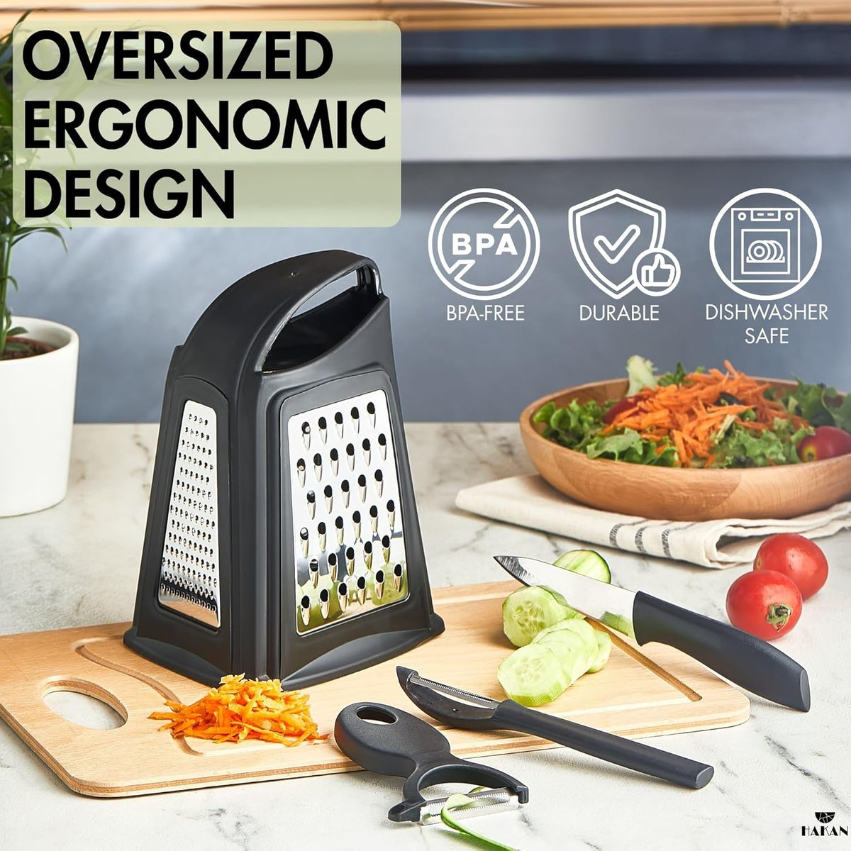 Grater, Chop and Peel Set | Handheld 3-Sided Grater with Multiple Shred Sizes, Y-Shaped Vegetable Peeler, I-Shaped Food Slicer & Spear Knife | Stainless Steel Kitchen Tools | Black, 4 Pcs