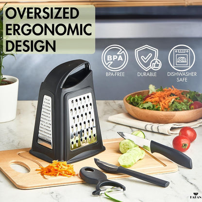 Grater, Chop and Peel Set | Handheld 3-Sided Grater with Multiple Shred Sizes, Y-Shaped Vegetable Peeler, I-Shaped Food Slicer & Spear Knife | Stainless Steel Kitchen Tools | Black, 4 Pcs