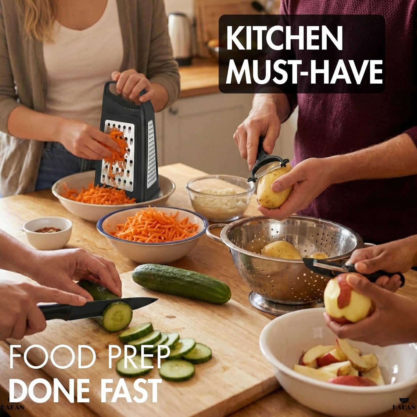 Grater, Chop and Peel Set | Handheld 3-Sided Grater with Multiple Shred Sizes, Y-Shaped Vegetable Peeler, I-Shaped Food Slicer & Spear Knife | Stainless Steel Kitchen Tools | Black, 4 Pcs