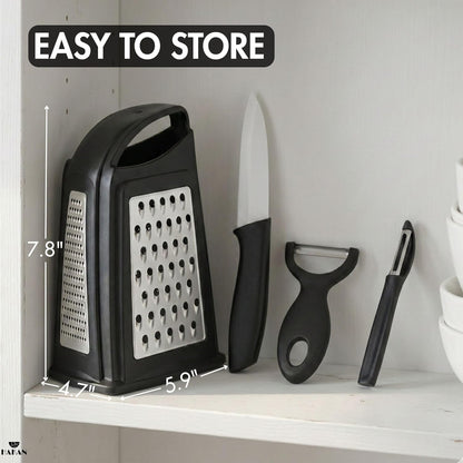 Grater, Chop and Peel Set | Handheld 3-Sided Grater with Multiple Shred Sizes, Y-Shaped Vegetable Peeler, I-Shaped Food Slicer & Spear Knife | Stainless Steel Kitchen Tools | Black, 4 Pcs