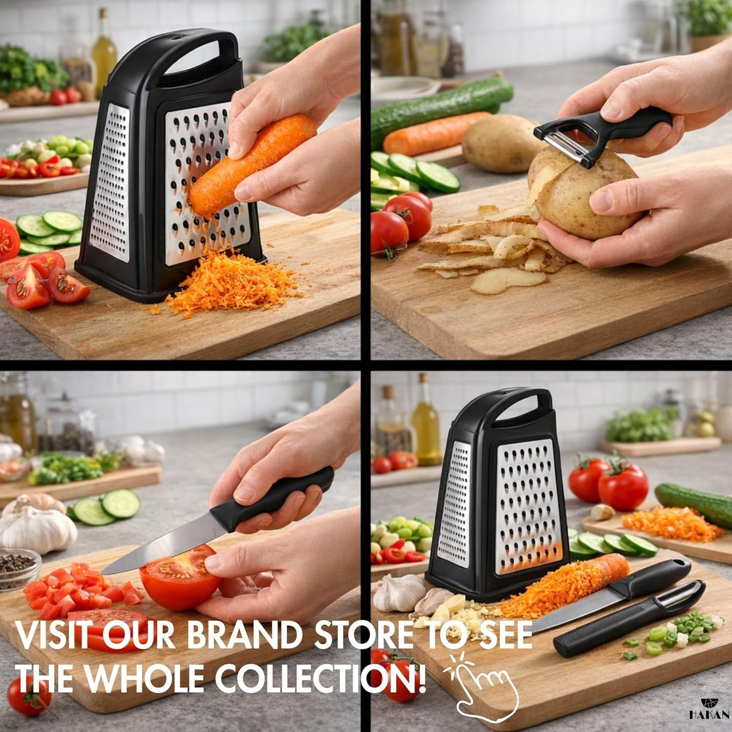 Grater, Chop and Peel Set | Handheld 3-Sided Grater with Multiple Shred Sizes, Y-Shaped Vegetable Peeler, I-Shaped Food Slicer & Spear Knife | Stainless Steel Kitchen Tools | Black, 4 Pcs
