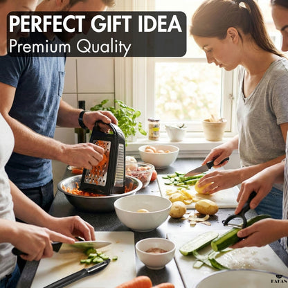 Grater, Chop and Peel Set | Handheld 3-Sided Grater with Multiple Shred Sizes, Y-Shaped Vegetable Peeler, I-Shaped Food Slicer & Spear Knife | Stainless Steel Kitchen Tools | Black, 4 Pcs