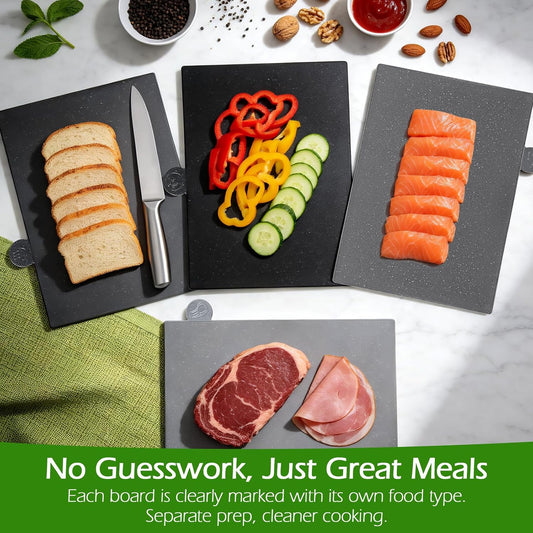Cutting Boards for Kitchen, Plastic Cutting Boards with Stand | 4pc Colour Coded Cutting Board Set, 6MM Thick Chopping Board Set for Kitchen Different Food Types, BPA-Free, Dishwasher Safe