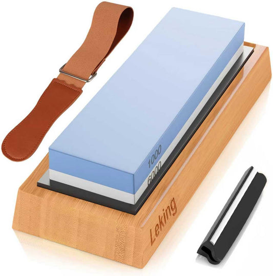 Professional Knife Sharpener & Sharpening Stone Set: 1000/6000 Grit Dual-Sided Whetstone(7"x2.4"x1.2") with Bamboo Base, Non-Slip Silicone Holder, Angle Guide & Leather Strop Kit