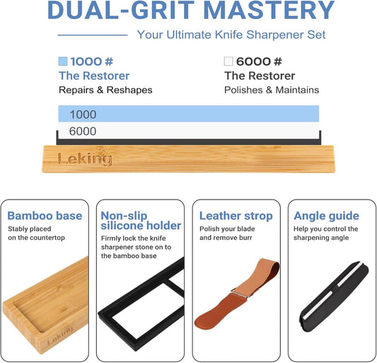 Professional Knife Sharpener & Sharpening Stone Set: 1000/6000 Grit Dual-Sided Whetstone(7"x2.4"x1.2") with Bamboo Base, Non-Slip Silicone Holder, Angle Guide & Leather Strop Kit