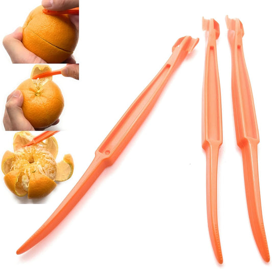 3 Pack Orange Peeler Tool Plastic Citrus Peeler for Lemon Mandarin Fruit | Food-grade plastic fruit peeler with sharp integrated edge, anti-slip grip, safe for dishwasher top rack use on citrus fruits