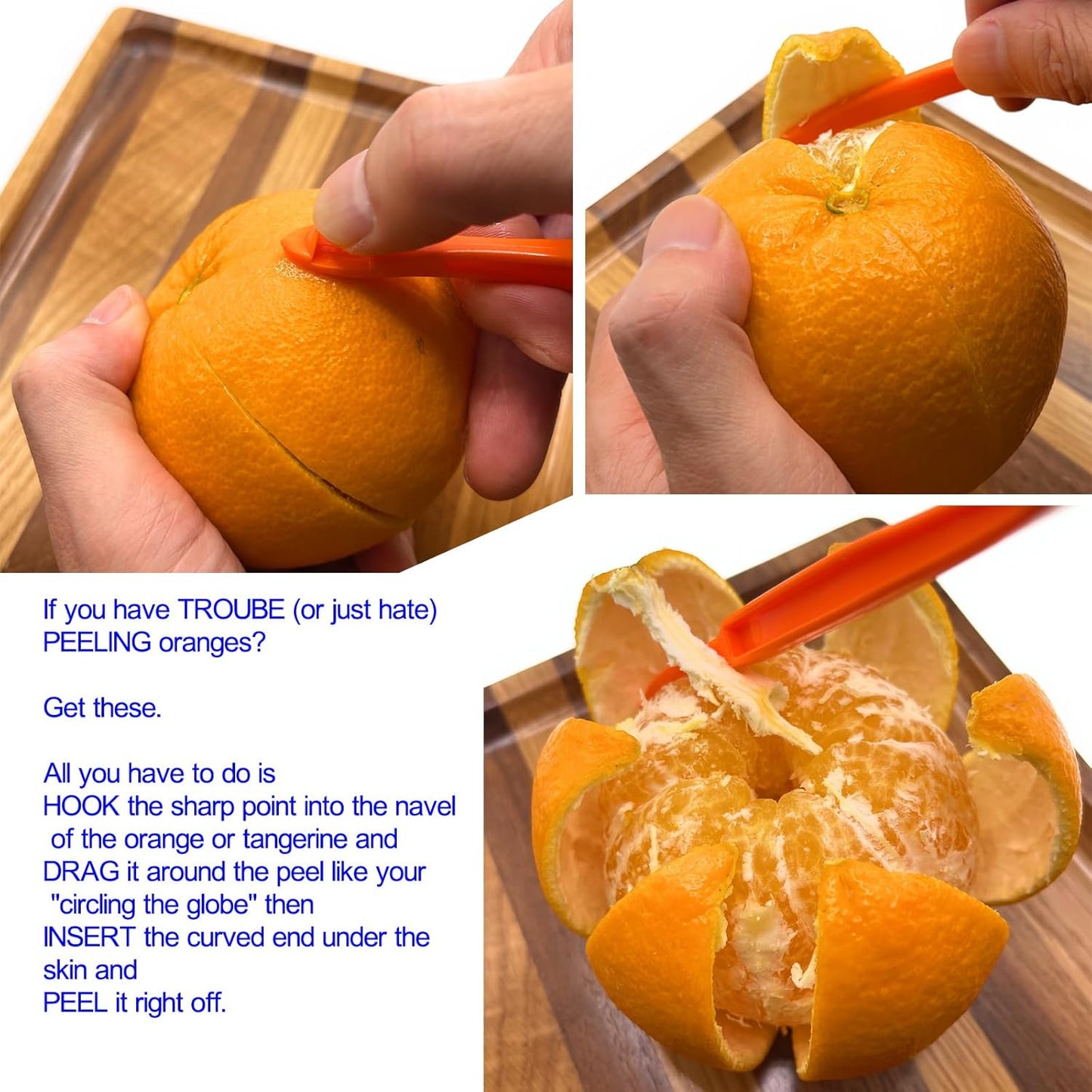 3 Pack Orange Peeler Tool Plastic Citrus Peeler for Lemon Mandarin Fruit | Food-grade plastic fruit peeler with sharp integrated edge, anti-slip grip, safe for dishwasher top rack use on citrus fruits