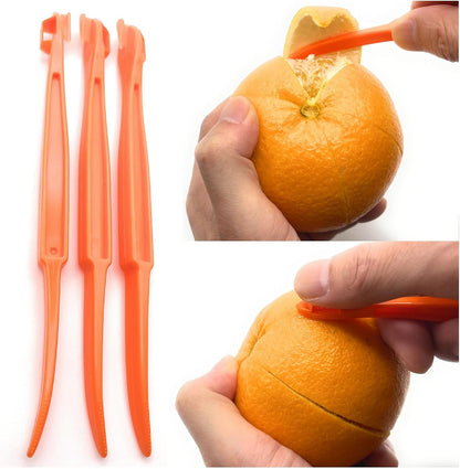 3 Pack Orange Peeler Tool Plastic Citrus Peeler for Lemon Mandarin Fruit | Food-grade plastic fruit peeler with sharp integrated edge, anti-slip grip, safe for dishwasher top rack use on citrus fruits