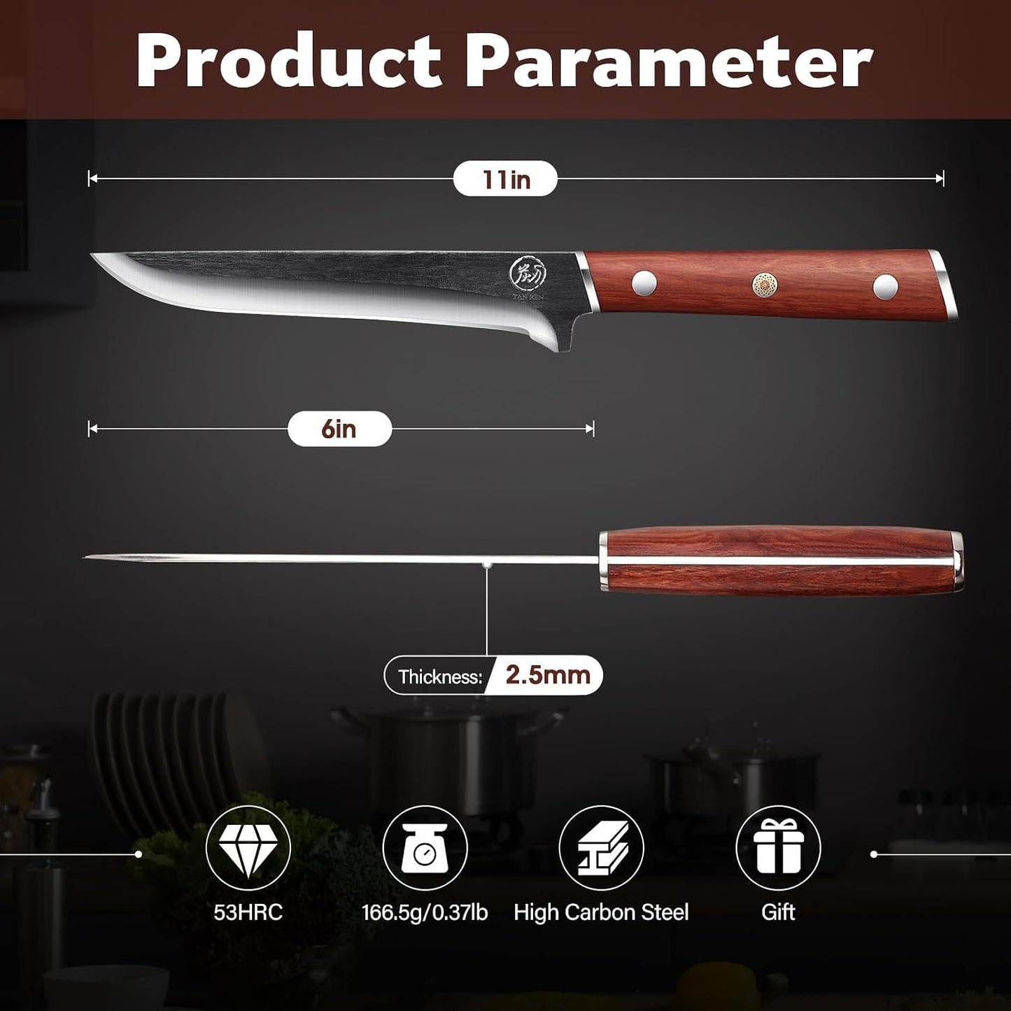 TAN REN 6 Inch Boning Knife High Carbon Steel Deboning Knife for Butchering | Full Tang Fillet Knife with Wood Handle, Processing Knife for Meat Trimming