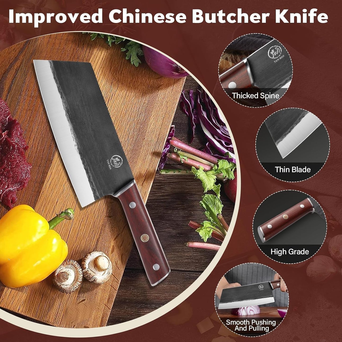 TAN REN 6 Inch Boning Knife High Carbon Steel Deboning Knife for Butchering | Full Tang Fillet Knife with Wood Handle, Processing Knife for Meat Trimming