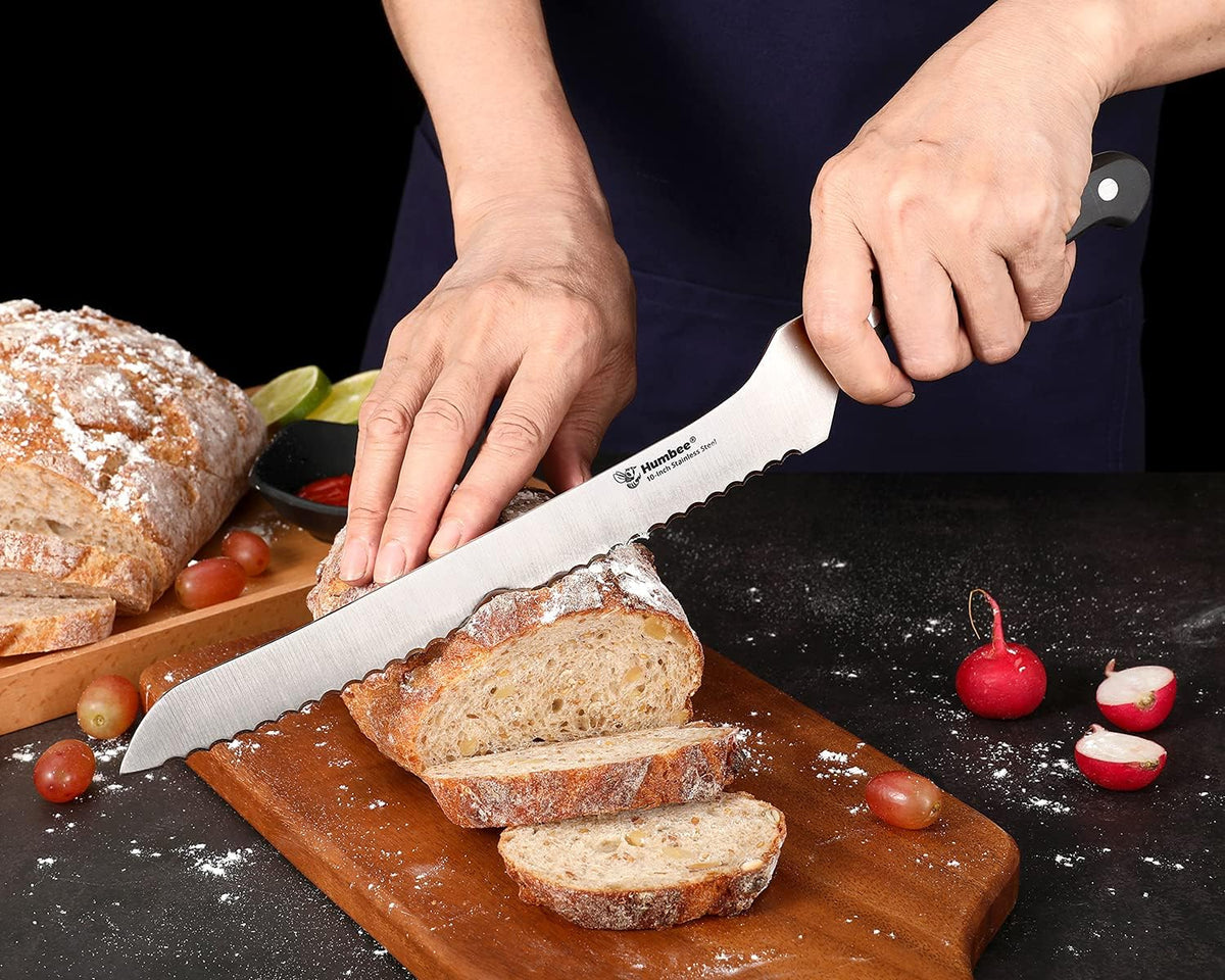 10 Inch Serrated Offset Bread Knife, Premium Stainless Steel Blade with Wave Edge, Full Tang Handle, Razor Sharp for Bread, Durable Professional Kitchen Knife, Black
